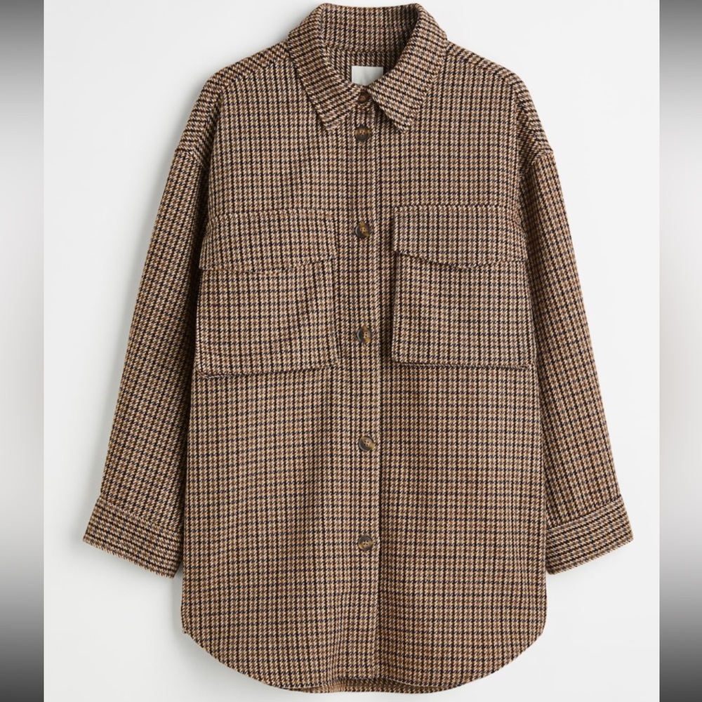 H&M Black Brown Checkered coat/shacket style deep 2 breast & interior pockets